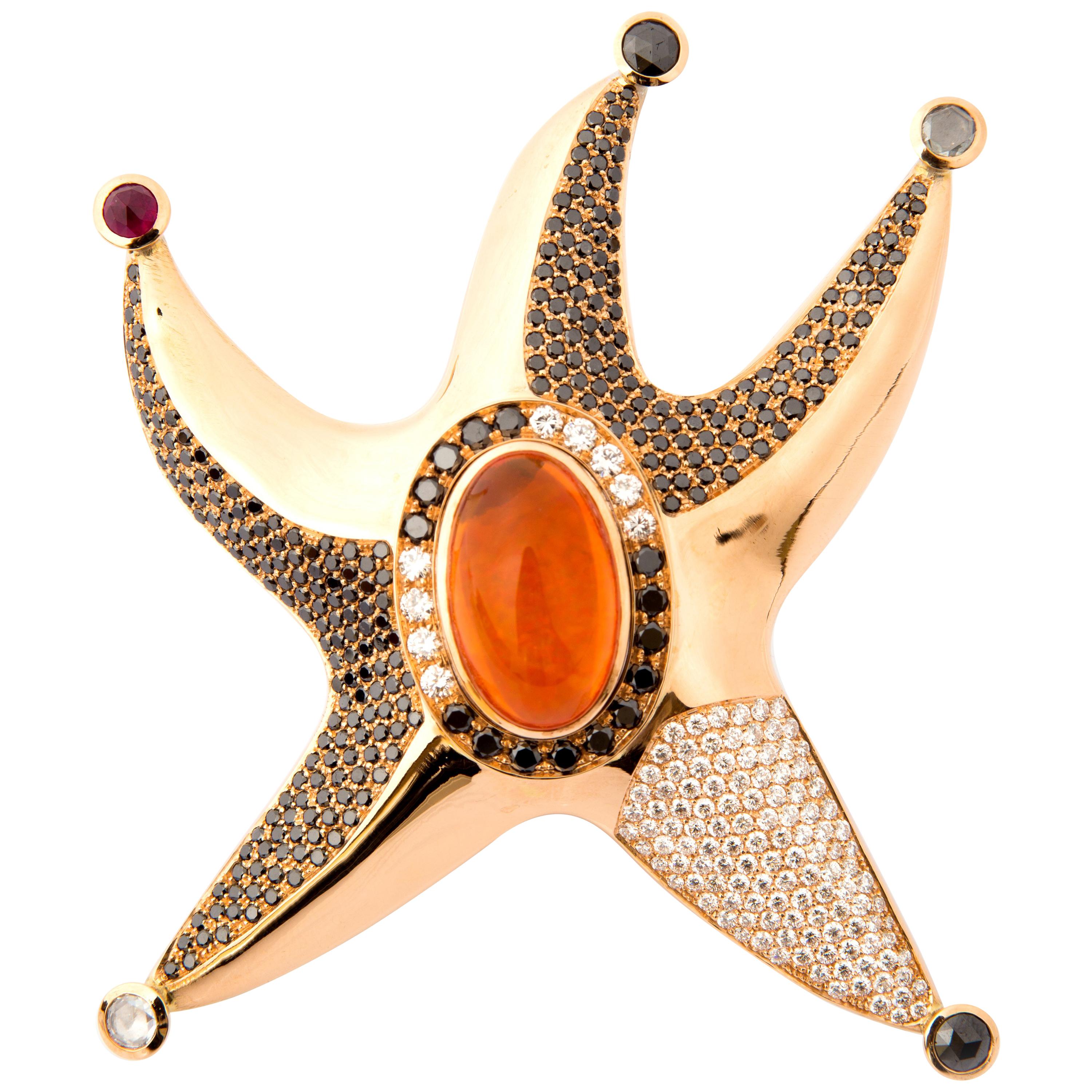 Starfish Pendant with Fire Opal 15.8 Carat and Diamonds in Red Gold 18 Karat For Sale