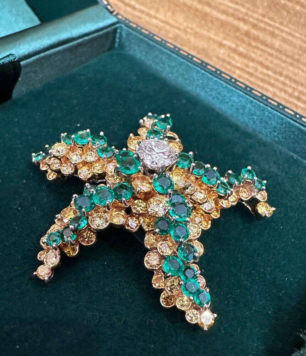 Women's or Men's Starfish Pin with Diamond, Emeralds and Yellow Diamonds in 18k Yellow Gold For Sale