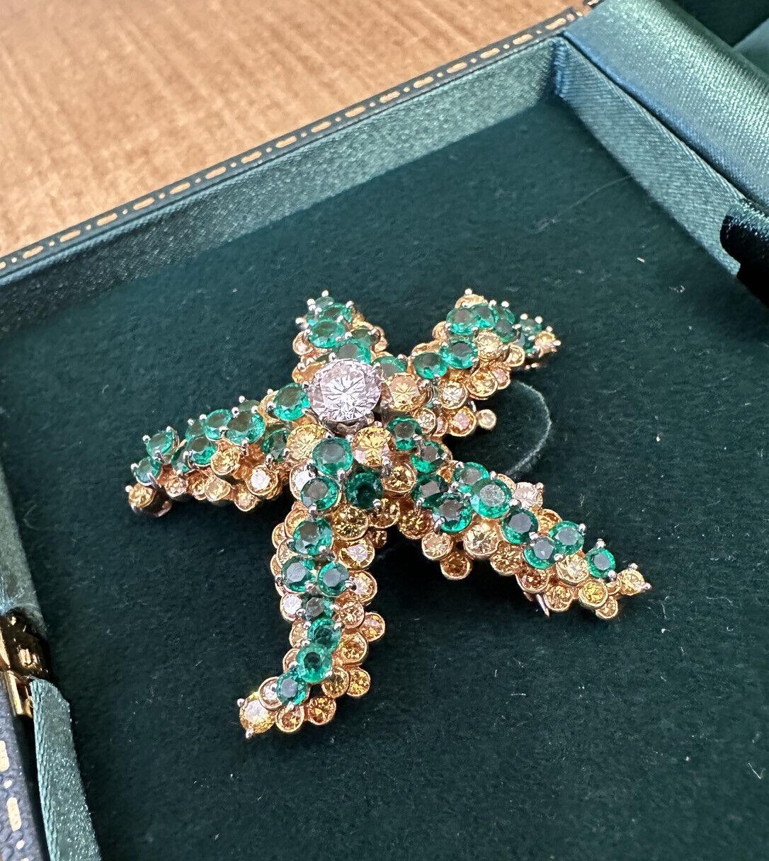 Starfish Pin with Diamond, Emeralds and Yellow Diamonds in 18k Yellow Gold For Sale 1
