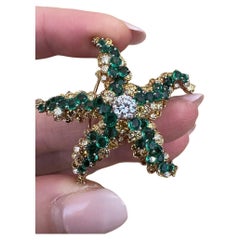 Vintage Starfish Pin with Diamond, Emeralds and Yellow Diamonds in 18k Yellow Gold
