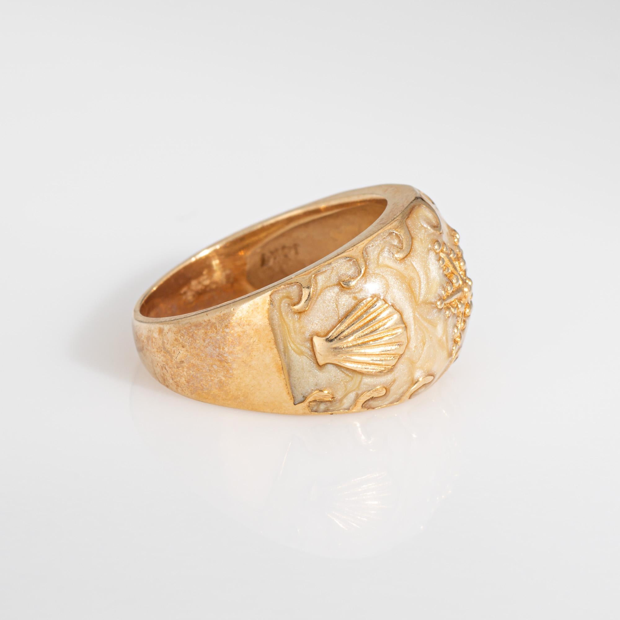 Modern Starfish Shell Ring 14k Yellow Gold Enamel Band Sz 6 Fine Estate Ocean Jewelry For Sale