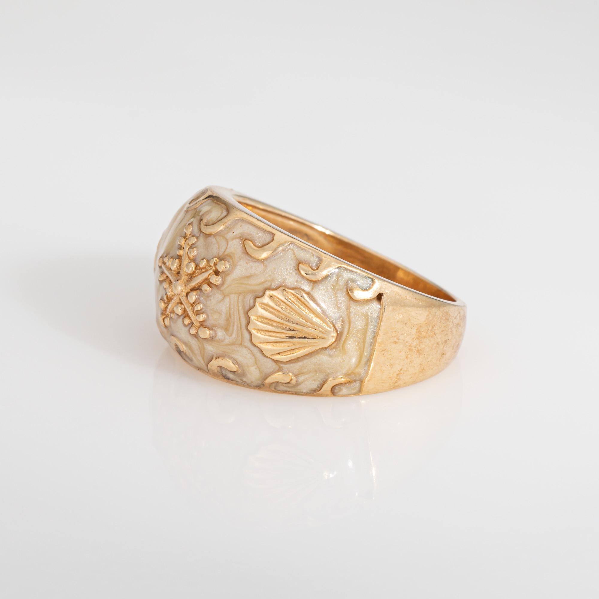 Starfish Shell Ring 14k Yellow Gold Enamel Band Sz 6 Fine Estate Ocean Jewelry In Good Condition For Sale In Torrance, CA