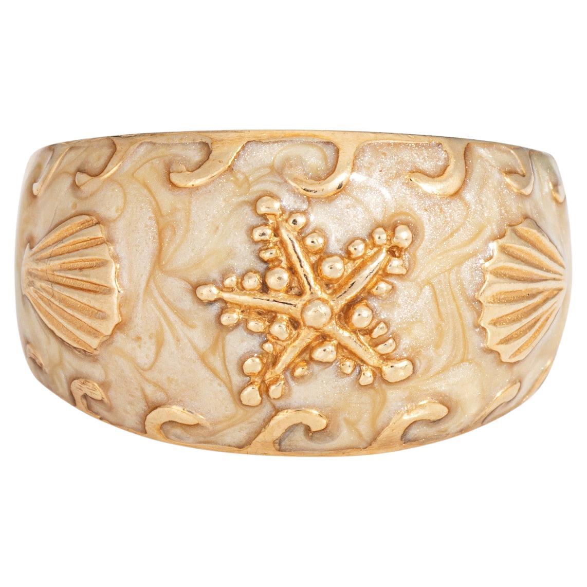 Starfish Shell Ring 14k Yellow Gold Enamel Band Sz 6 Fine Estate Ocean Jewelry