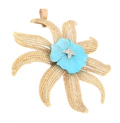 Starfish Turquoise Diamonds 14 Karat Yellow Gold Brooch And Pendant Necklace