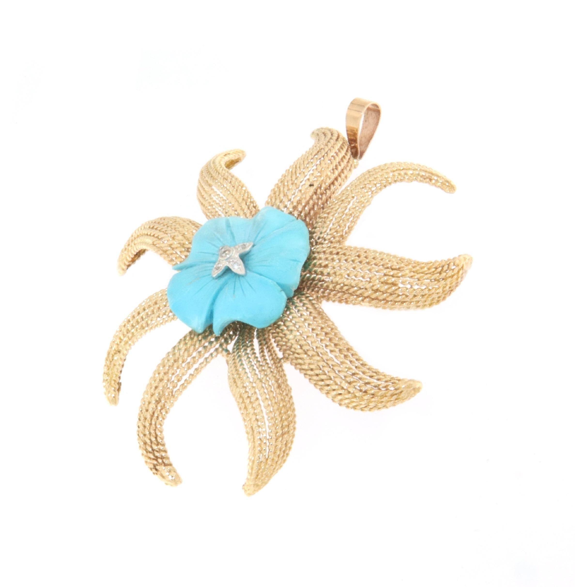 Artisan Starfish Turquoise Diamonds 14 Karat Yellow Gold Brooch And Pendant Necklace For Sale