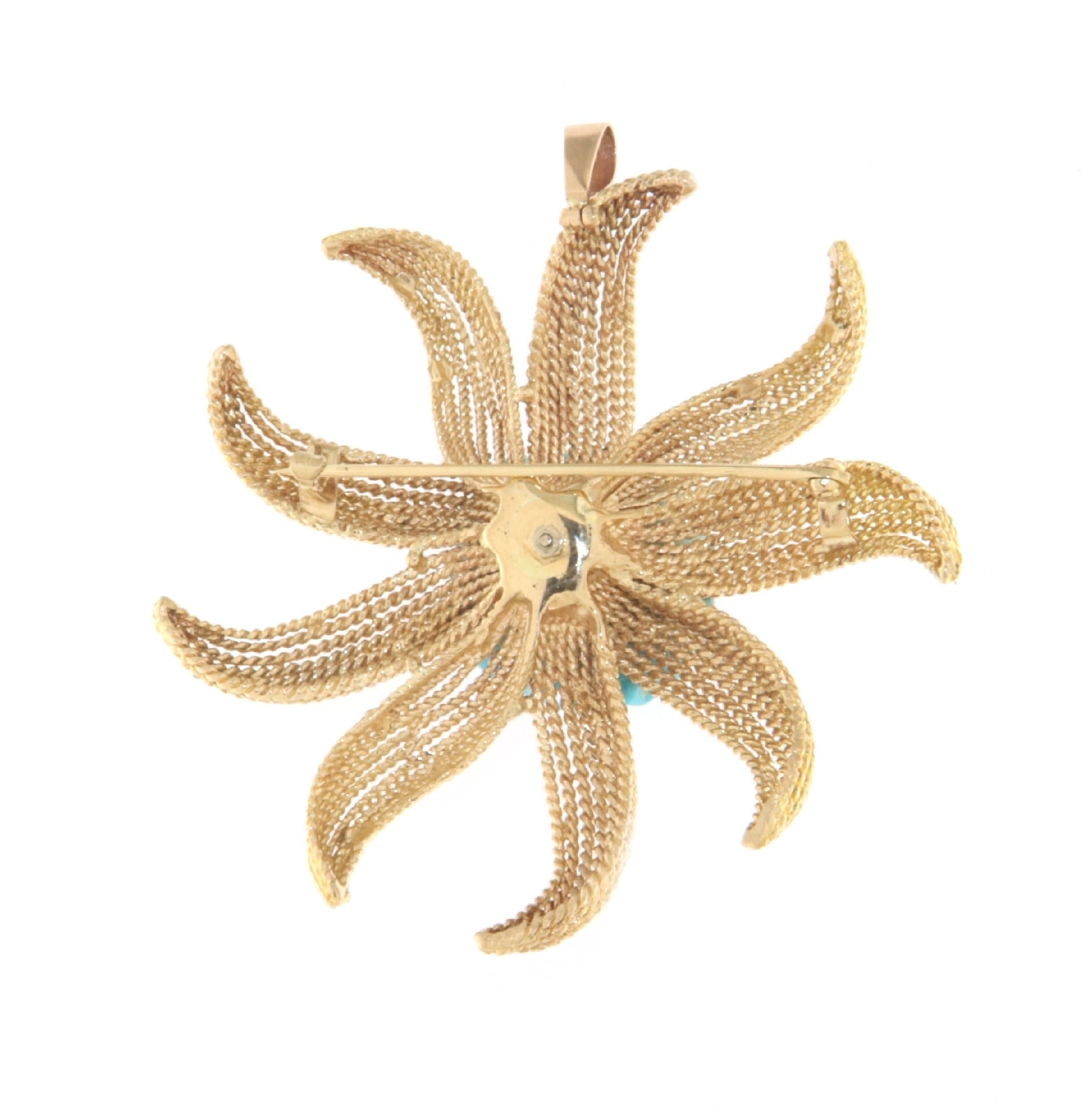 Brilliant Cut Starfish Turquoise Diamonds 14 Karat Yellow Gold Brooch And Pendant Necklace For Sale
