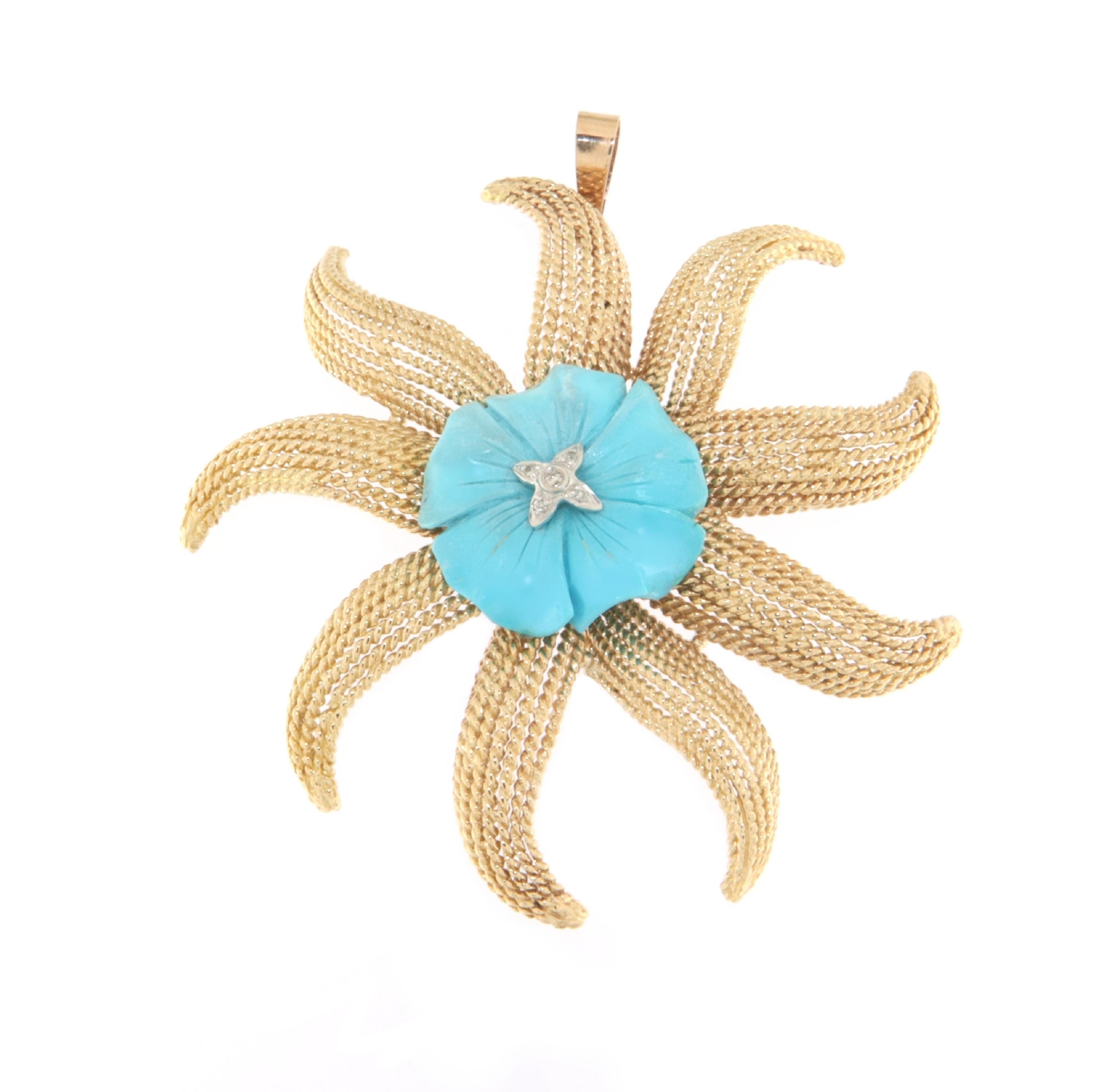 Women's Starfish Turquoise Diamonds 14 Karat Yellow Gold Brooch And Pendant Necklace For Sale