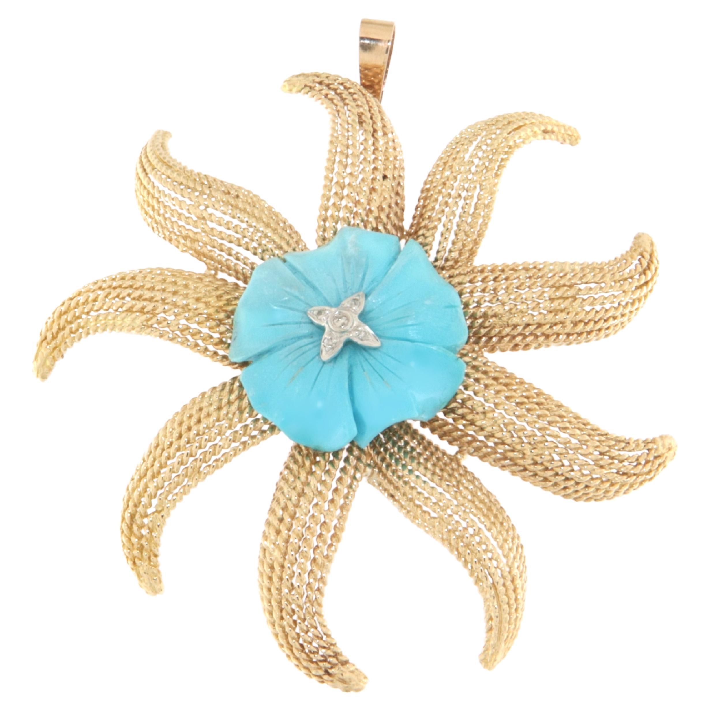 Starfish Turquoise Diamonds 14 Karat Yellow Gold Brooch And Pendant Necklace For Sale