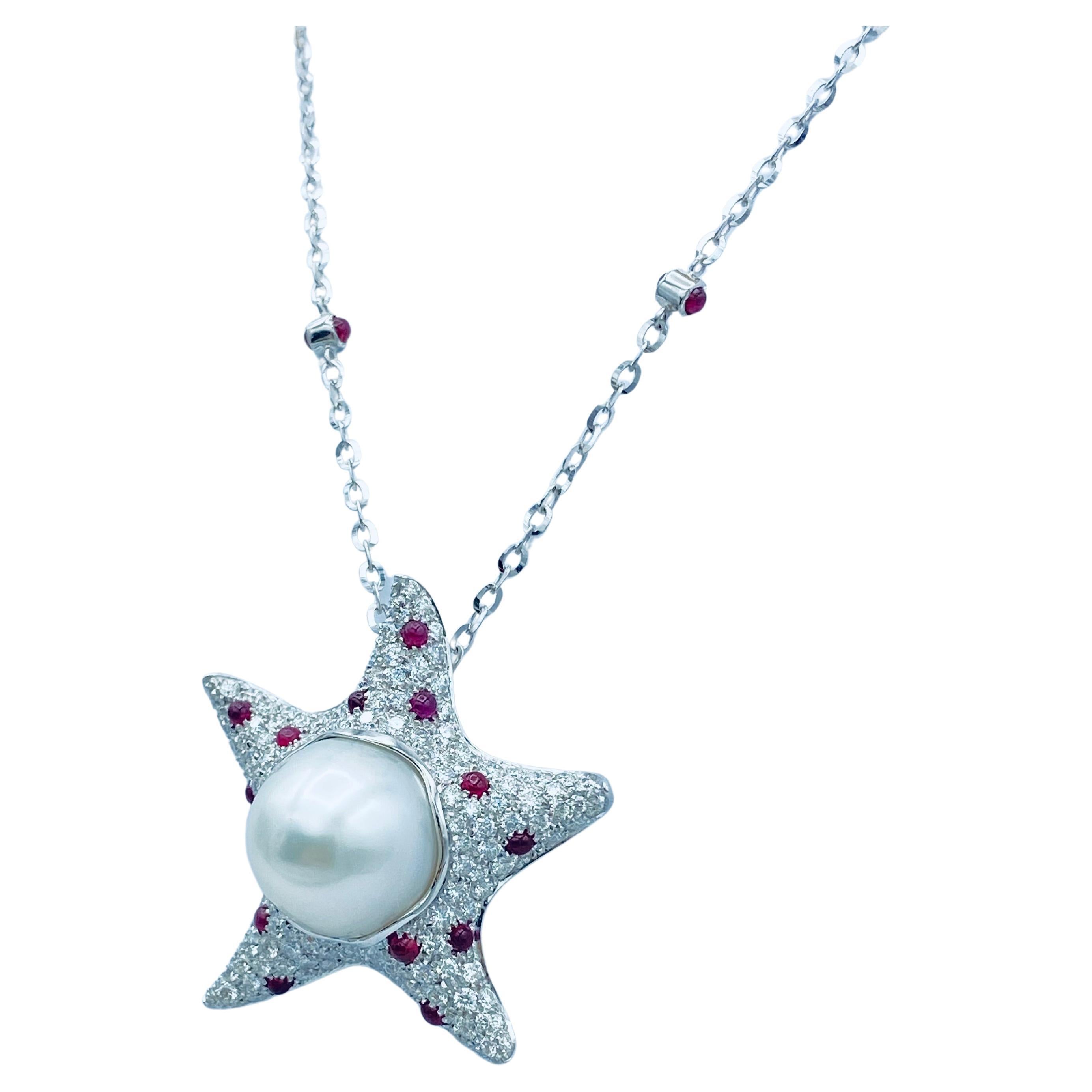 Artisan Starfish White Diamond Ruby Australian Pearl 18Kt Gold Pendant / Necklace For Sale