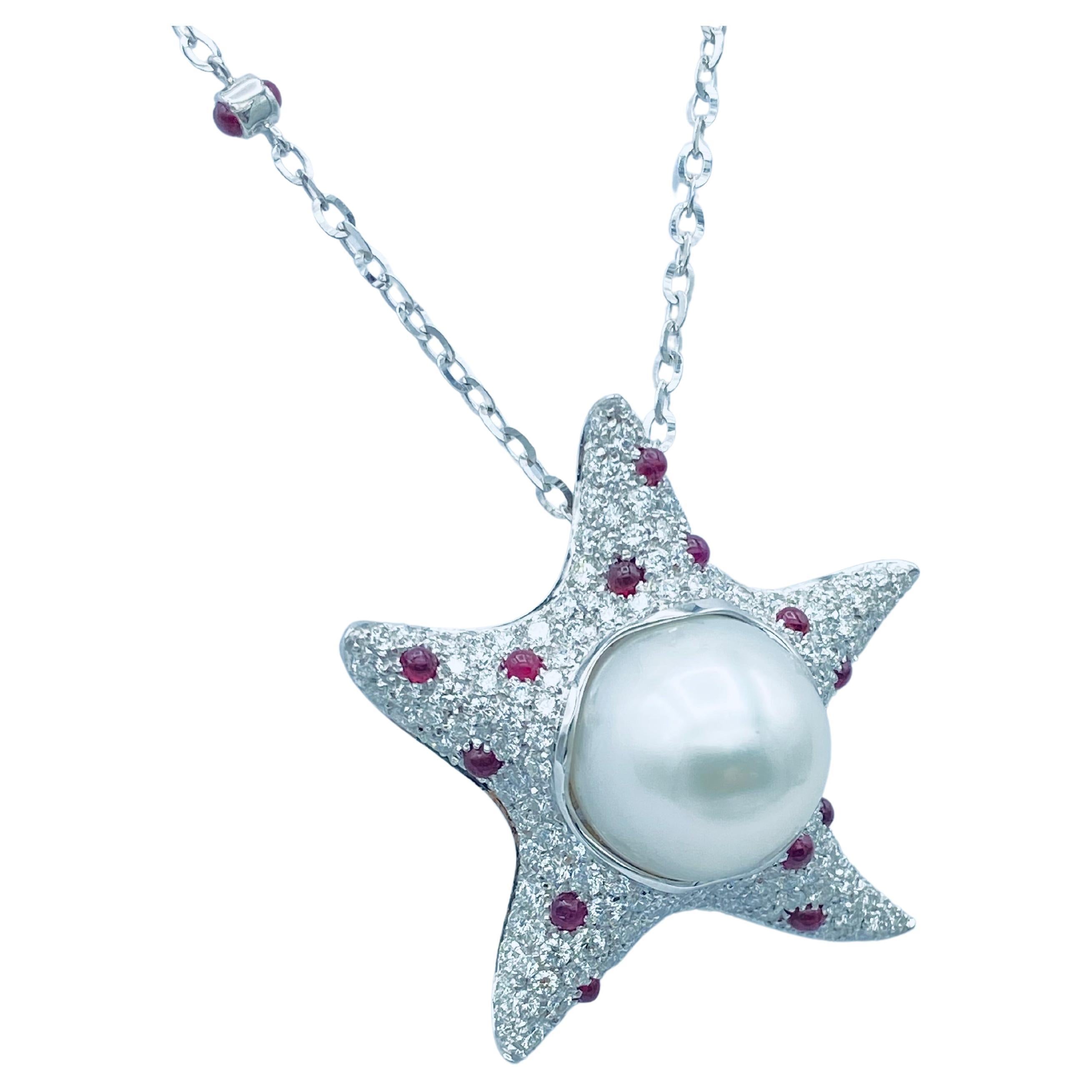Round Cut Starfish White Diamond Ruby Australian Pearl 18Kt Gold Pendant / Necklace For Sale