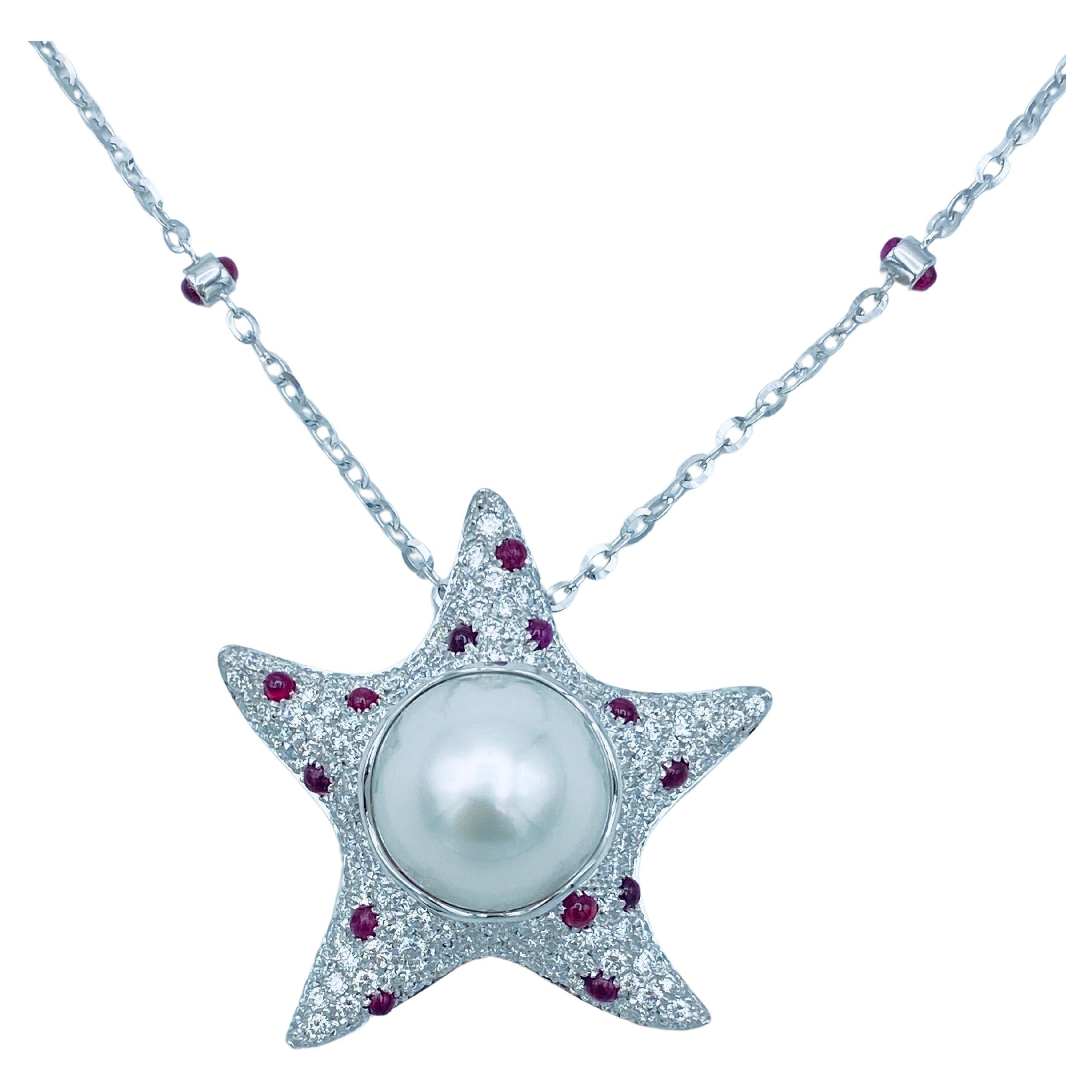 Starfish White Diamond Ruby Australian Pearl 18Kt Gold Pendant / Necklace In New Condition For Sale In Bussolengo, Verona