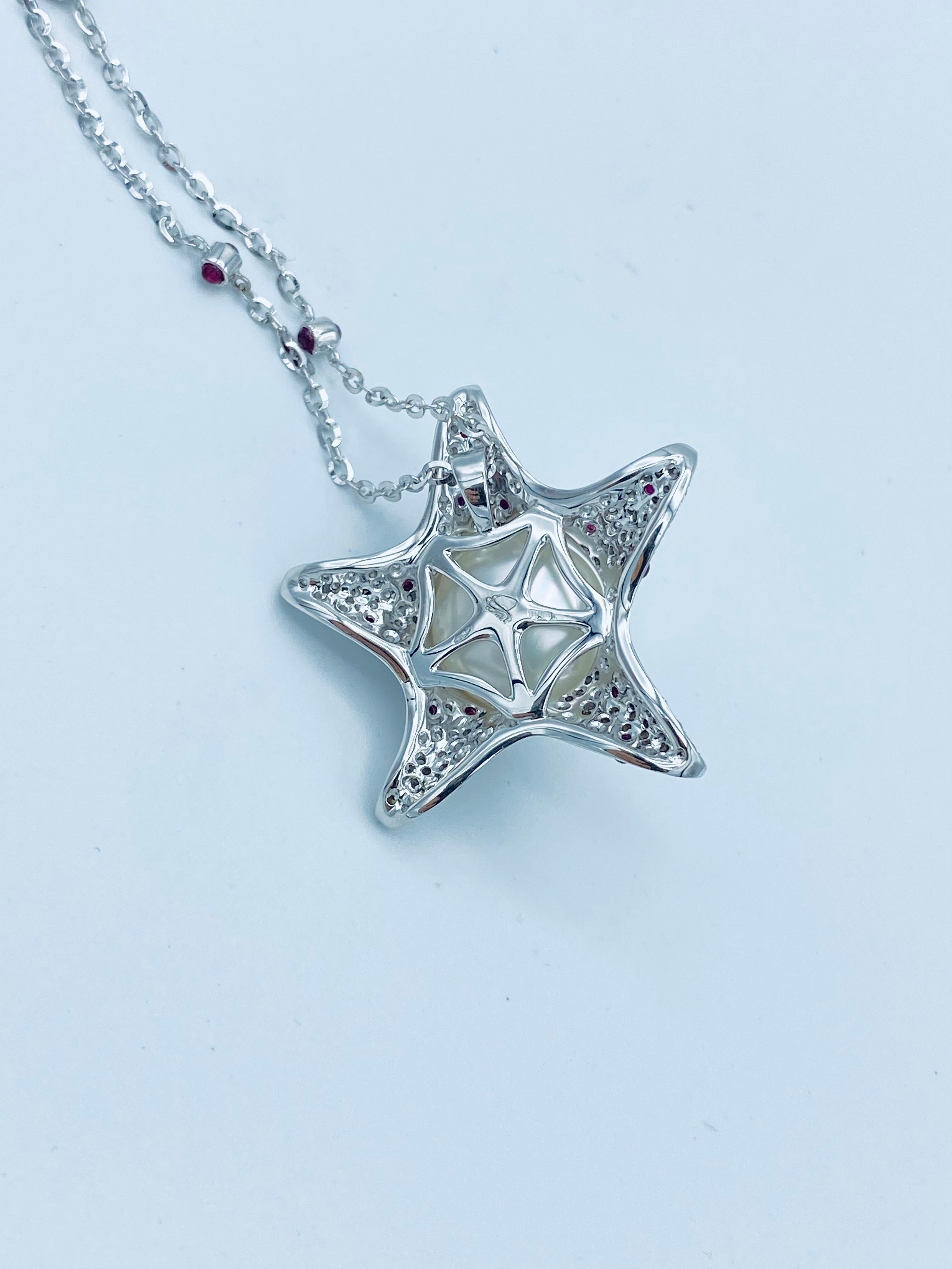 Women's Starfish White Diamond Ruby Australian Pearl 18Kt Gold Pendant / Necklace For Sale