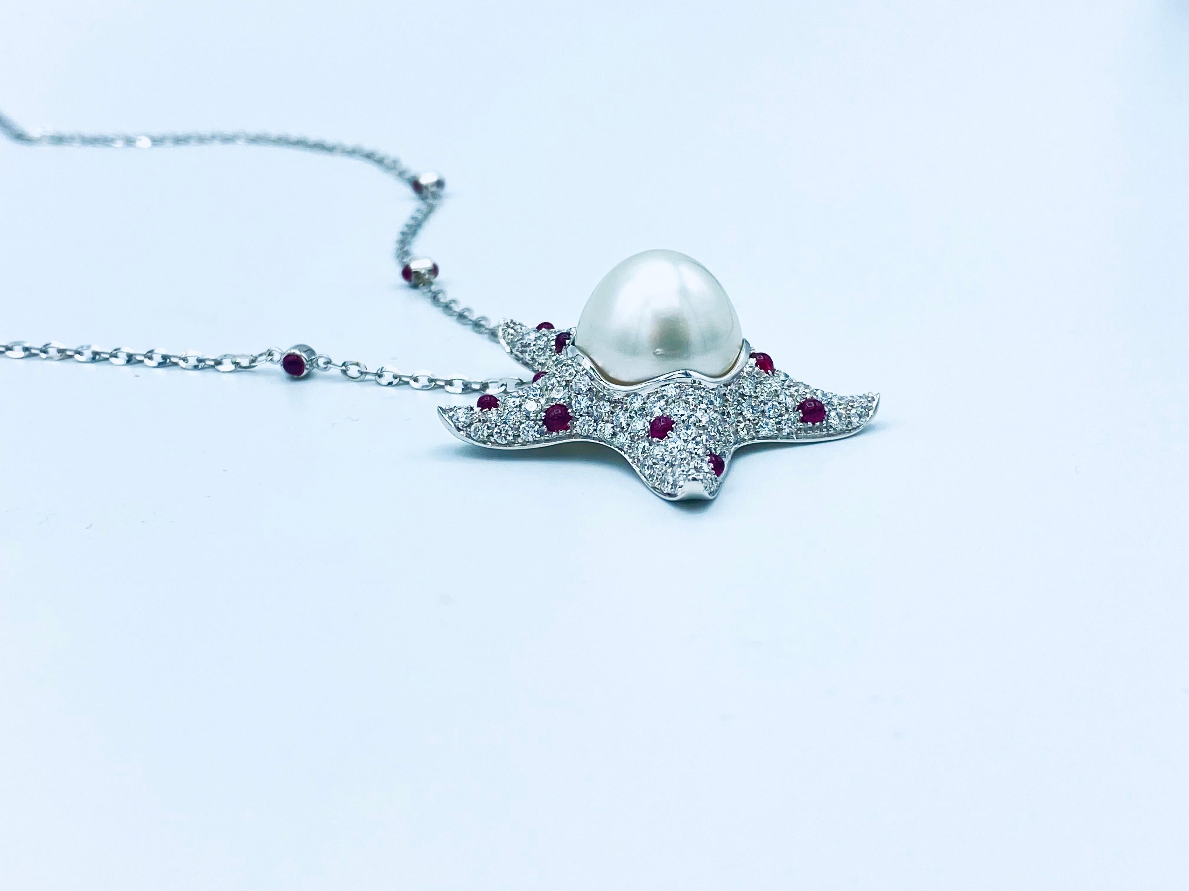 Anhänger/Halskette mit Seestern-Weißer Diamant Rubin australische Perle 18Kt Gold im Angebot 2