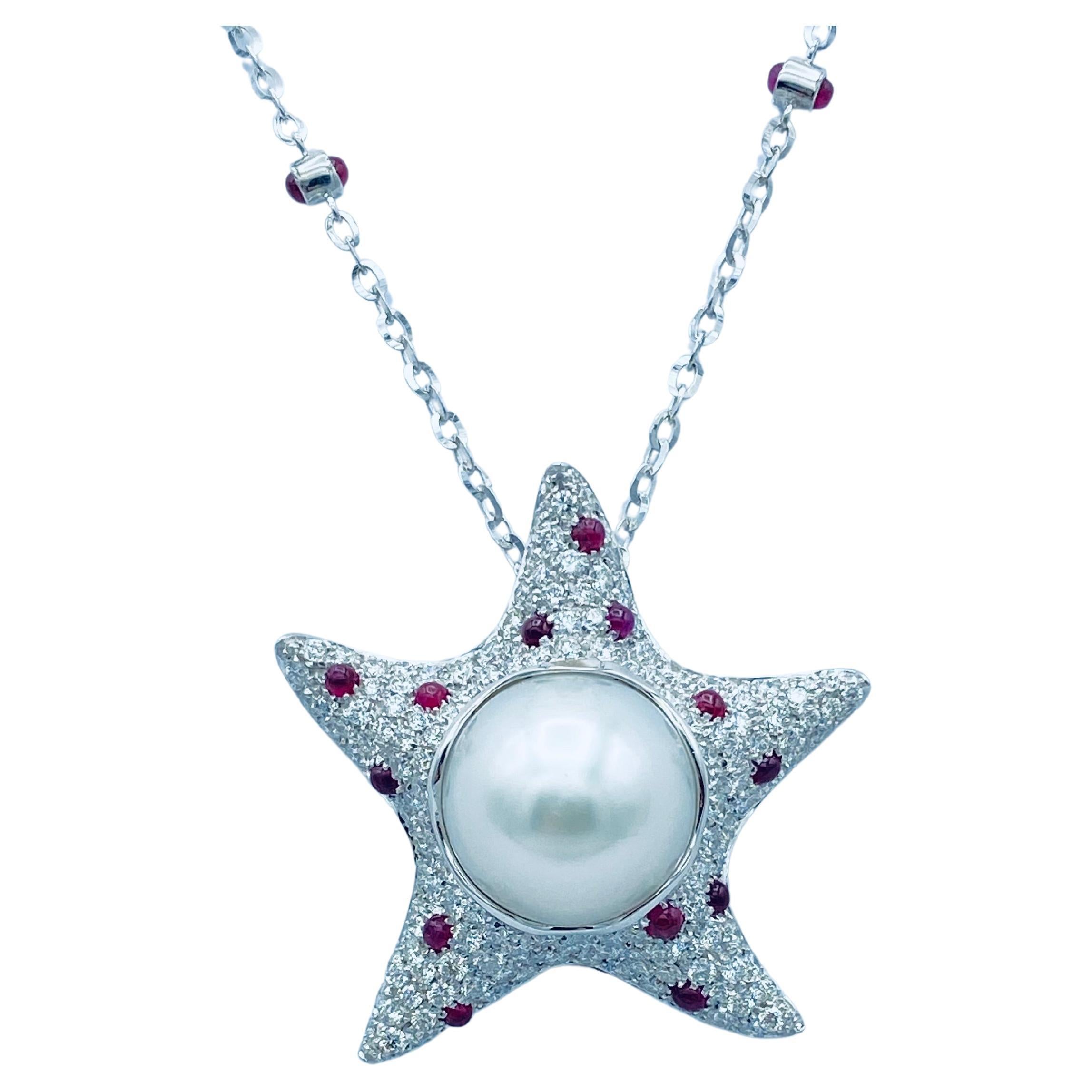Starfish White Diamond Ruby Australian Pearl 18Kt Gold Pendant / Necklace For Sale