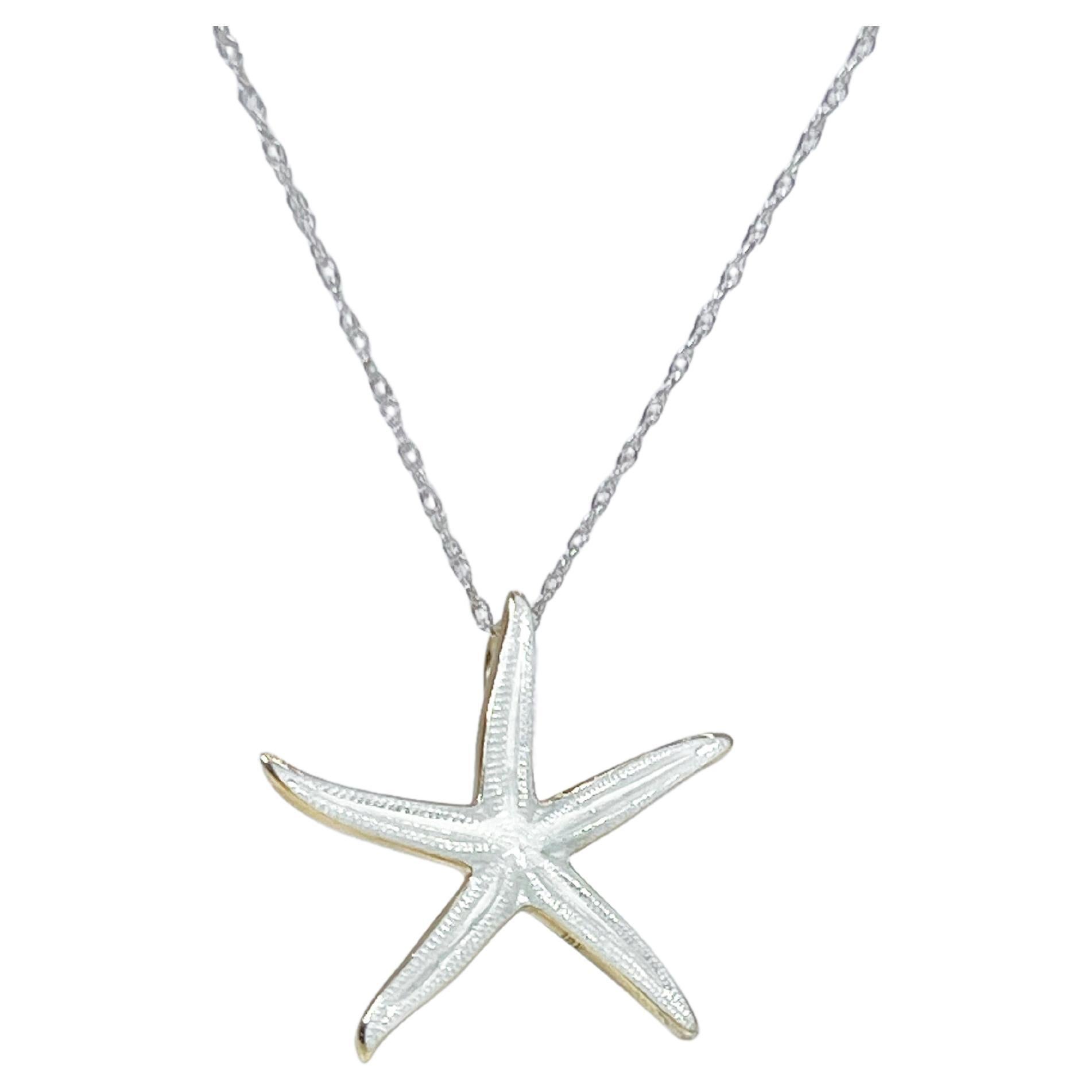 Starfish white Vitreous Enamel pendant 18KT yellow gold sea theme pendant  For Sale