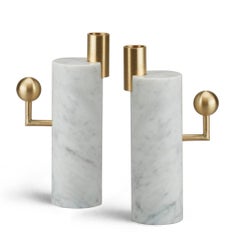 Stargazer Candleholders, Carrara Marble and Brass, Set of Two, in Stock