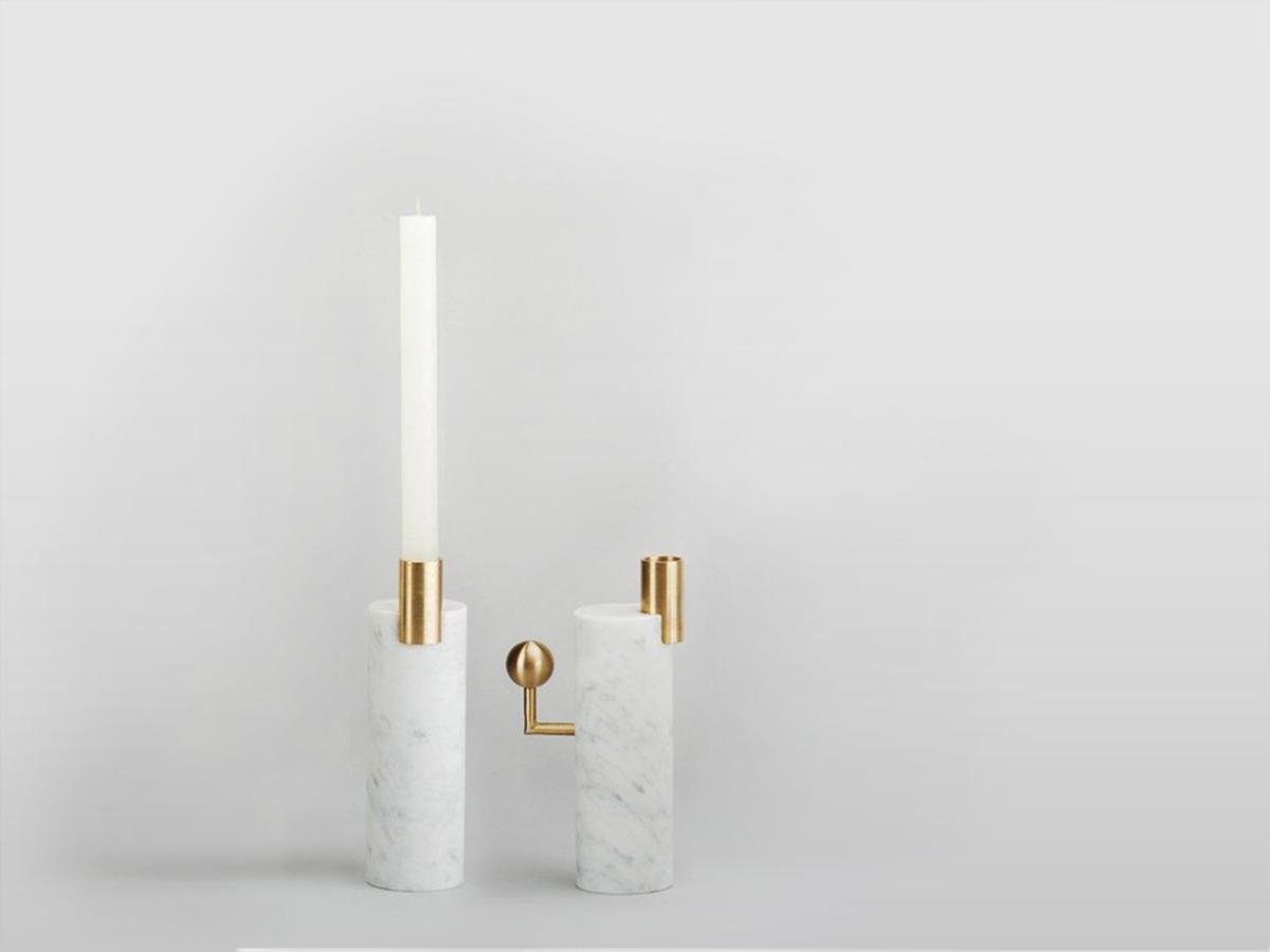 Modern Stargazer Candleholders, Carrara Marble and Brass, Set of Two, in Stock For Sale