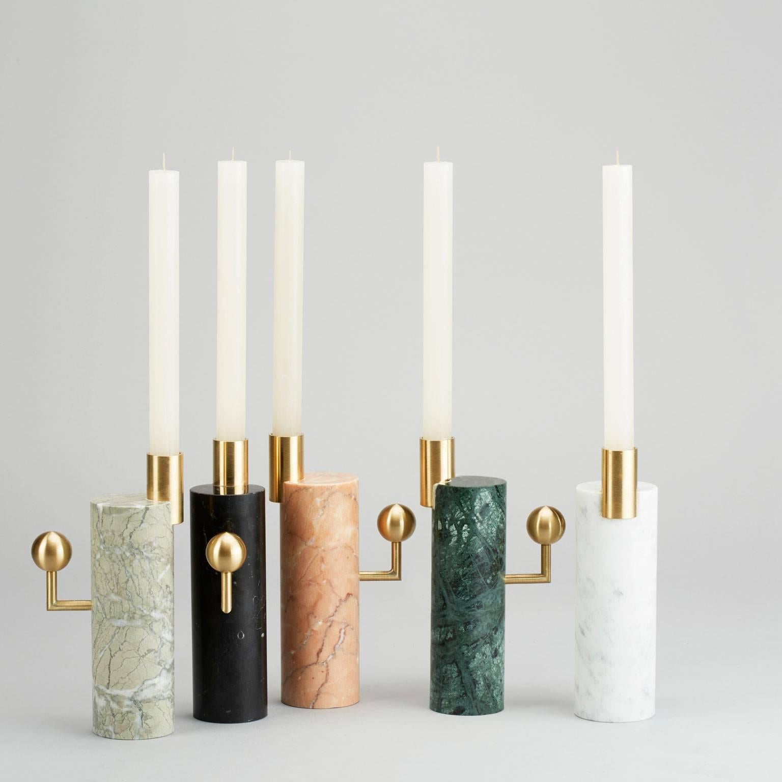 British Stargazer Candleholders, Carrara Marble and Brass, Set of Two, in Stock For Sale