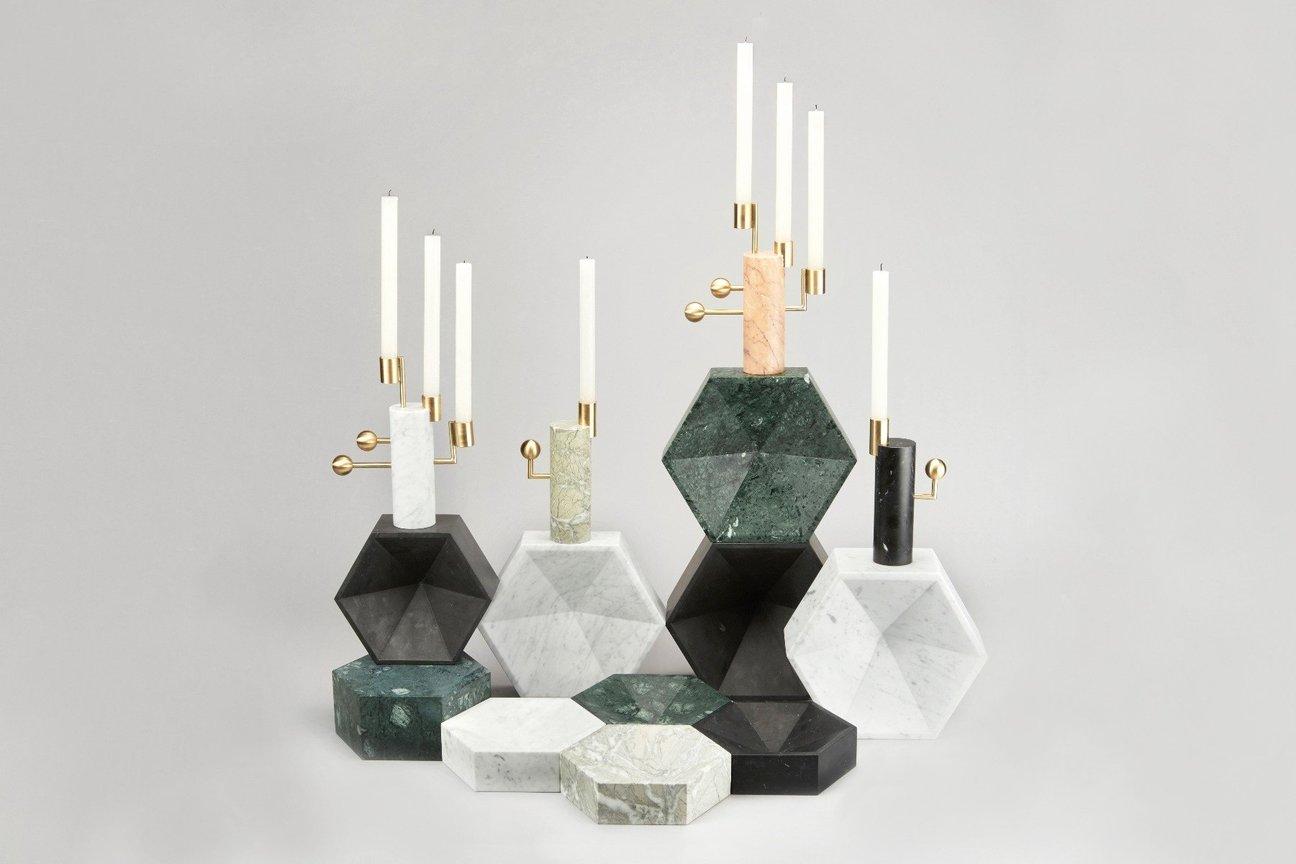 Contemporary Stargazer Candleholders, Carrara Marble and Brass, Set of Two, in Stock For Sale