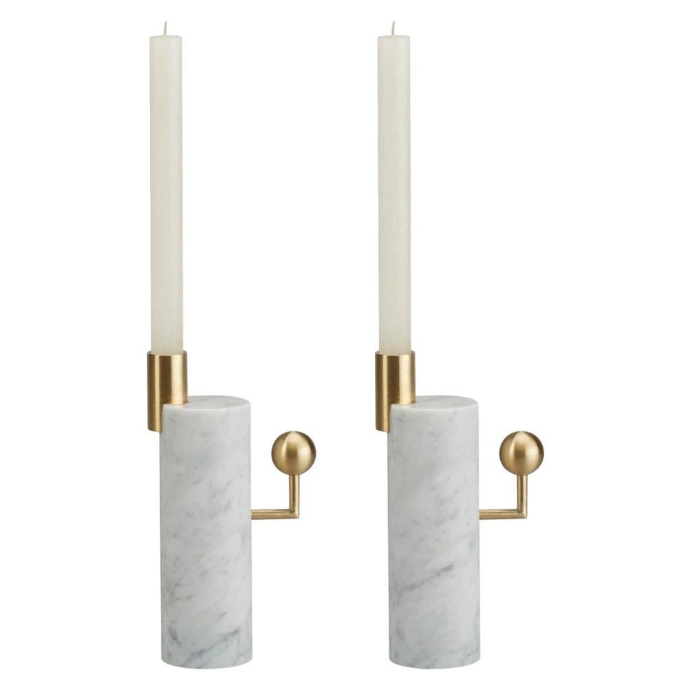 Stargazer Candleholders, Carrara Marble and Brass, Set of Two, in Stock For Sale