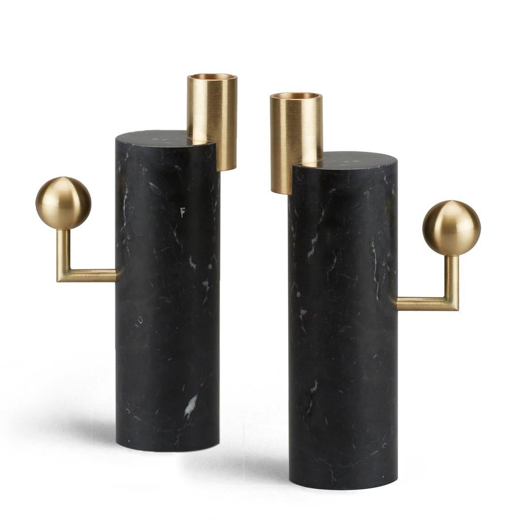 Modern Stargazer Candleholders, Nero Marquina Marble and Brass, Set of Two, in Stock