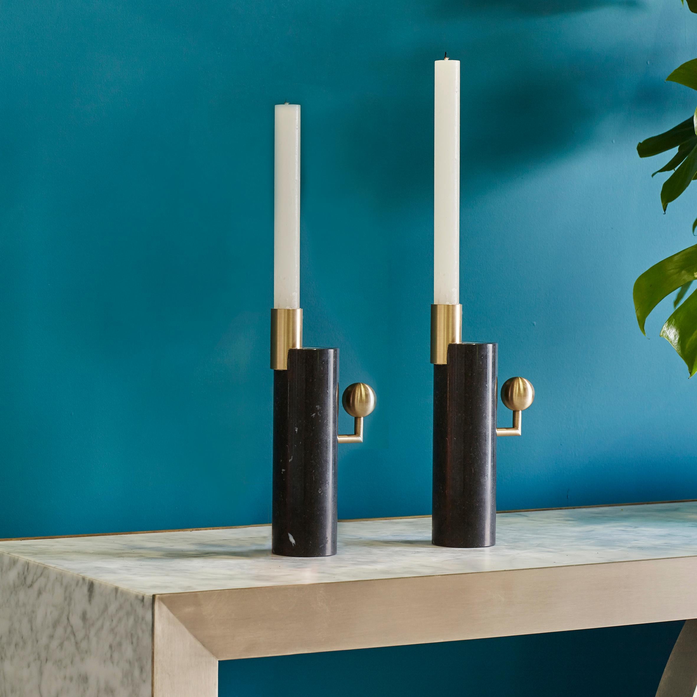 British Stargazer Candleholders, Nero Marquina Marble and Brass, Set of Two, in Stock
