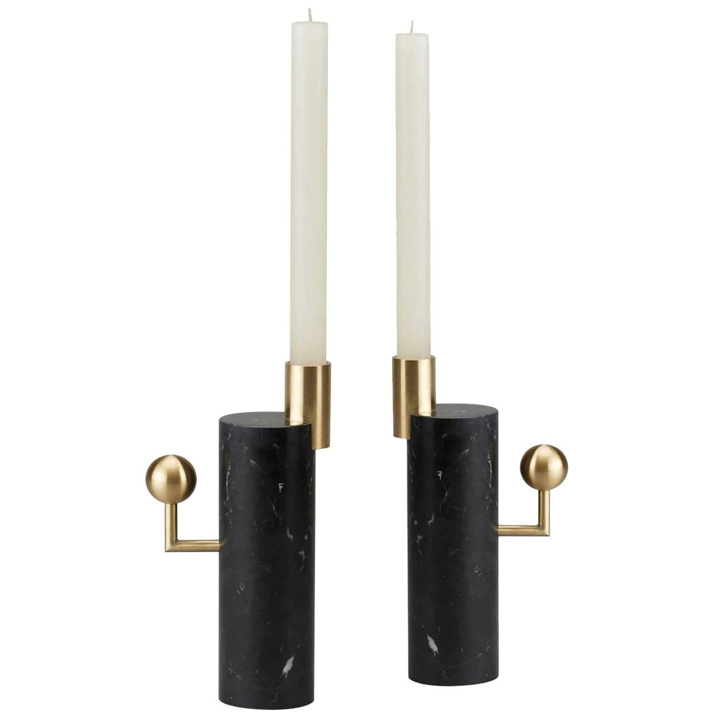 Stargazer Candleholders, Nero Marquina Marble and Brass, Set of Two, in Stock