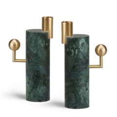 Stargazer Candleholders, Verde Guatemala Marble and Brass, Set of Two, in Stock