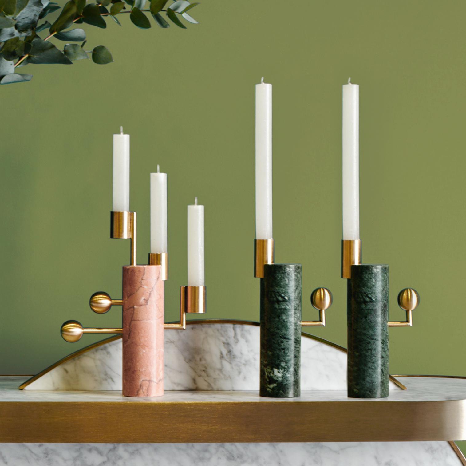 Modern Stargazer Candleholders, Verde Guatemala Marble and Brass, Set of Two, in Stock For Sale