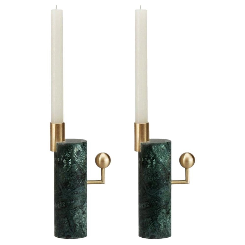 Stargazer Candleholders, Verde Guatemala Marble and Brass, Set of Two, in Stock