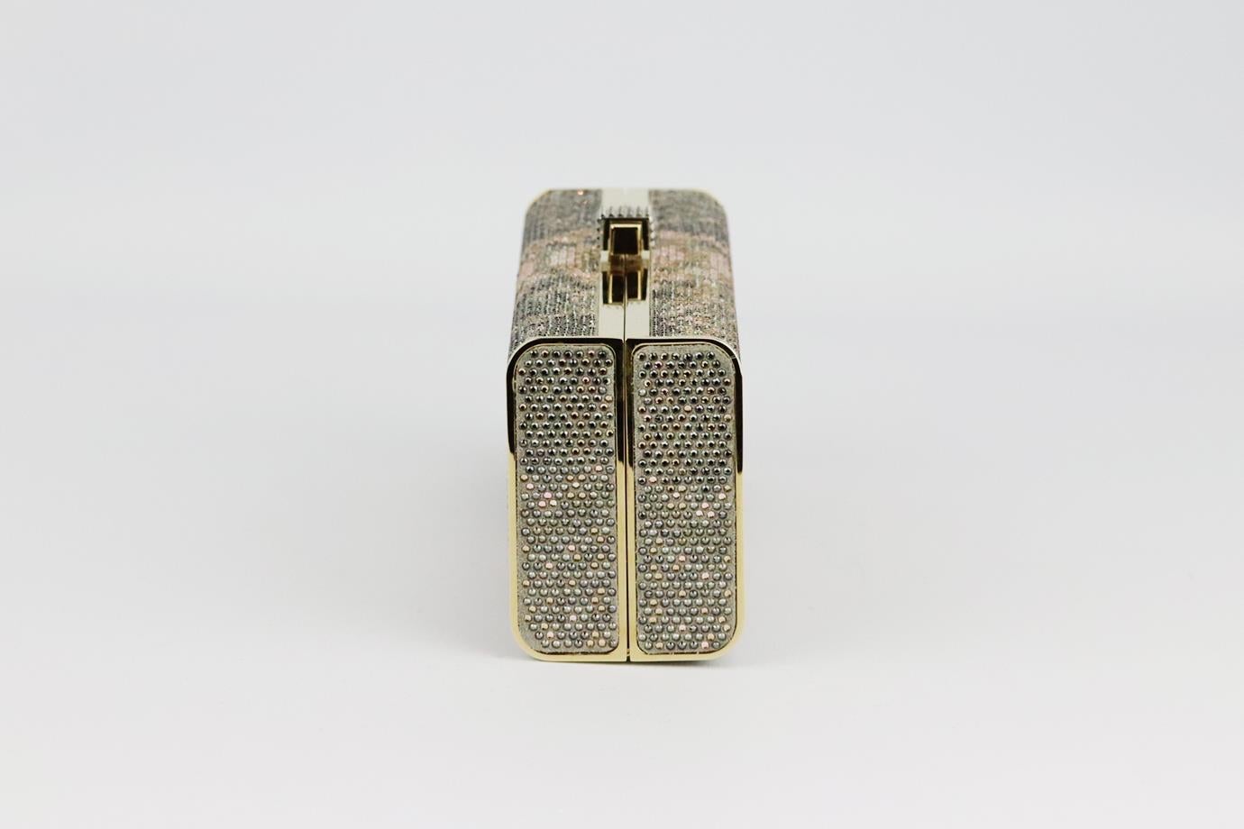 Stark Brilliance crystal embellished suede box clutch. Made from light-pink, gold and grey snake-effect crystal embellishment with leather lining and gold-tone hardware, it has an internal compartment. Gold. Push lock fastening at top. Does not come