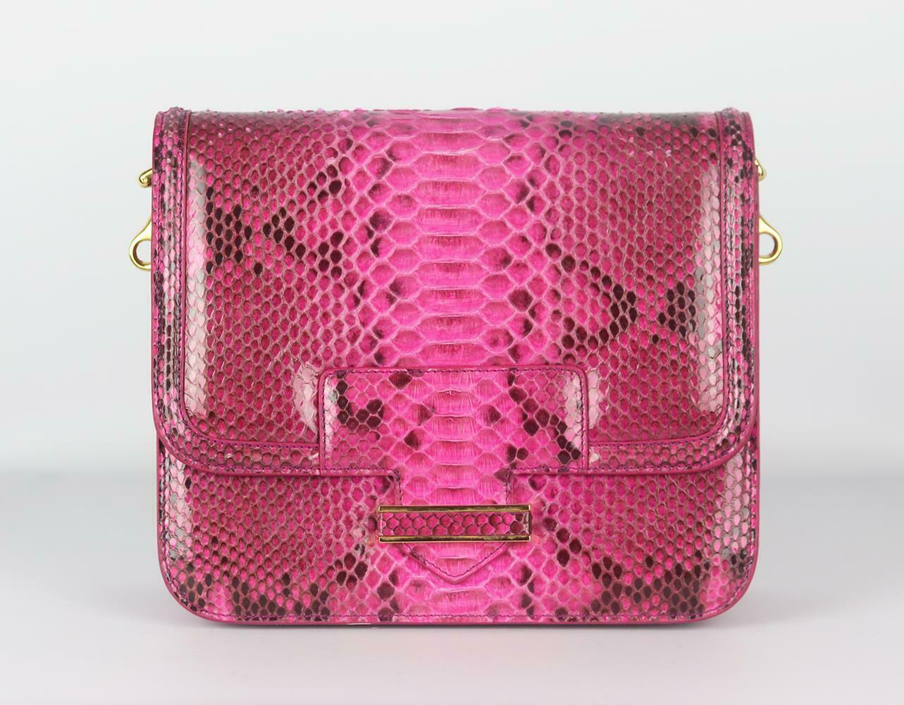 Stark took cues from classic pieces, this 'Come Hither' shoulder bag is re-imagined from a classic flap and has been crafted bright-pink python exterior and grey suede lining in a satchel shape with flap front with two compartments and zip pocket