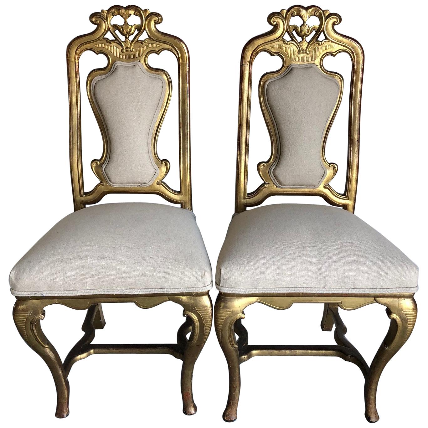 Elegant Pair of French 19th Century Chairs with All Original Gold Gilding For Sale