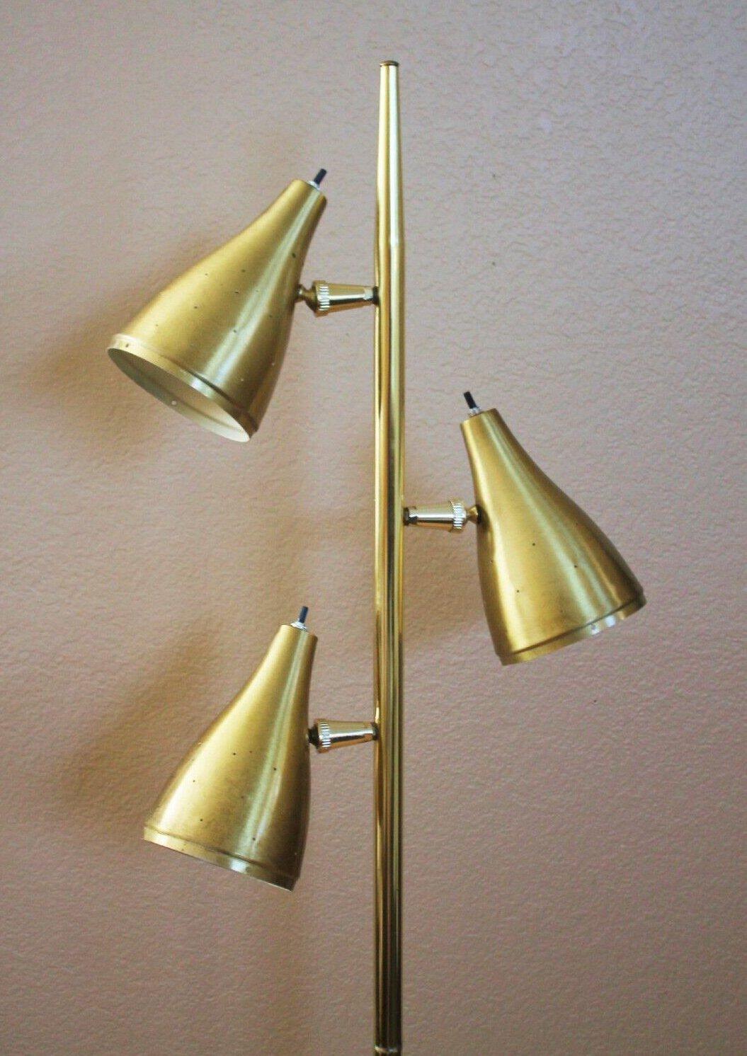 American Starlight 3 Shade Mid Century Modern Floor Pole Lamp! 1950s Brass After Stilnovo For Sale