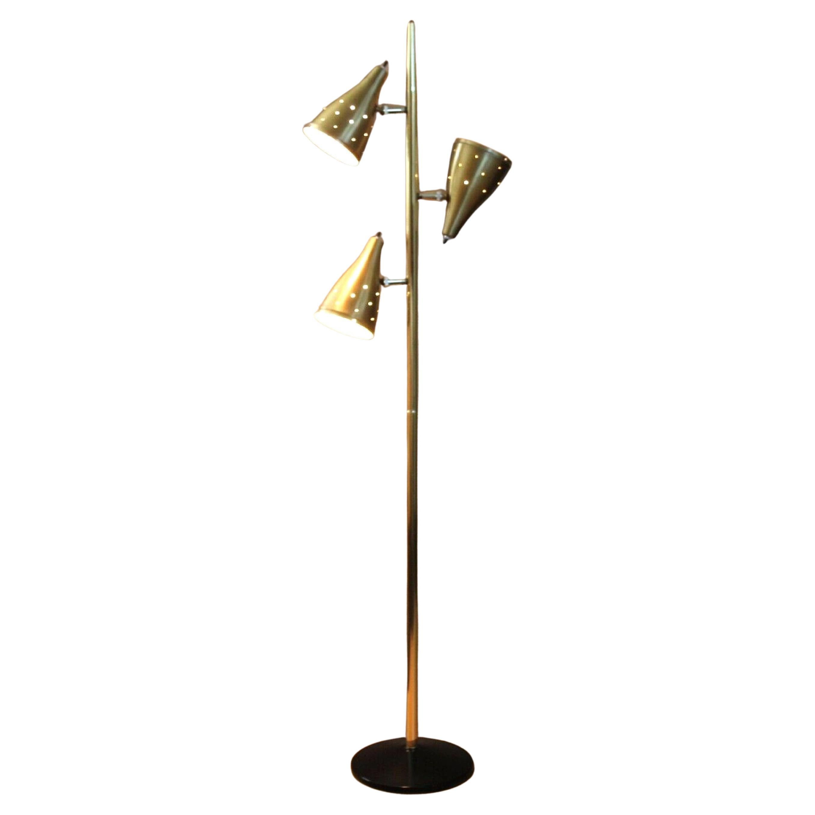 Starlight 3 Shade Mid Century Modern Floor Pole Lamp! 1950s Brass After Stilnovo For Sale