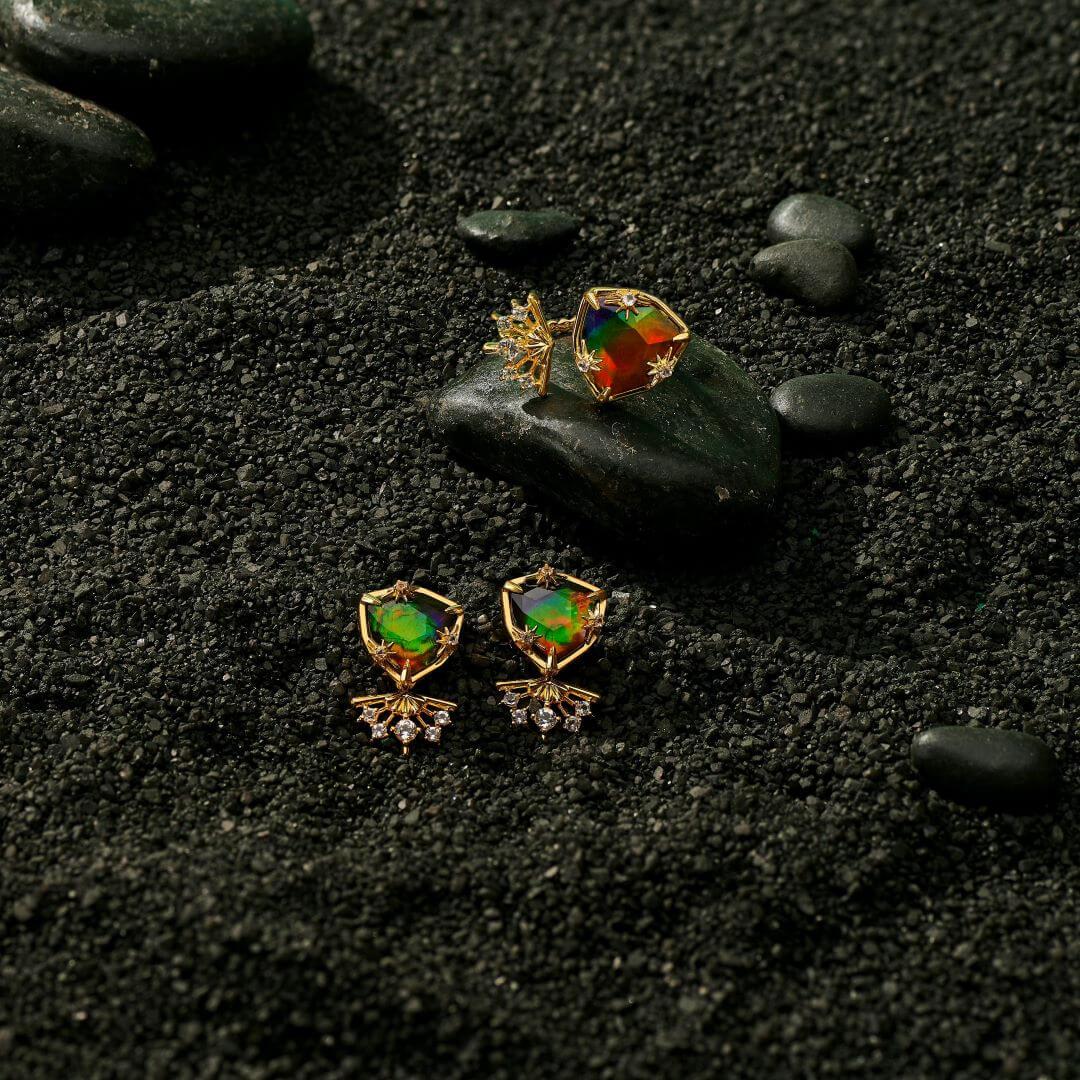 Trillion Cut Starlight Trillion Ammolite Double Ring with White Topaz, 18k Gold Vermeil AA/7 For Sale