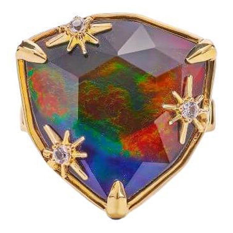 Starlight Trillion Ammolite Ring with White Topaz in 18k Gold Vermeil A/7 For Sale