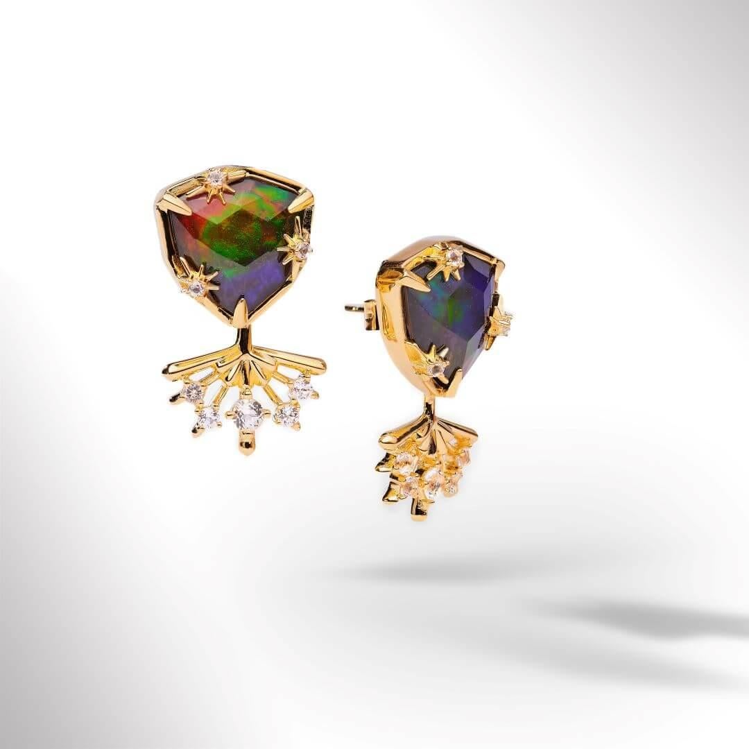 Product Details:

The Starlight collection features a twinkling fusion of trillion-cut Ammolite and 18K gold vermeil, inspired by the diffusing light of stars.

AA grade Ammolite
11.9mm x 12mm trillion Ammolite earrings
18K gold vermeil
Accented