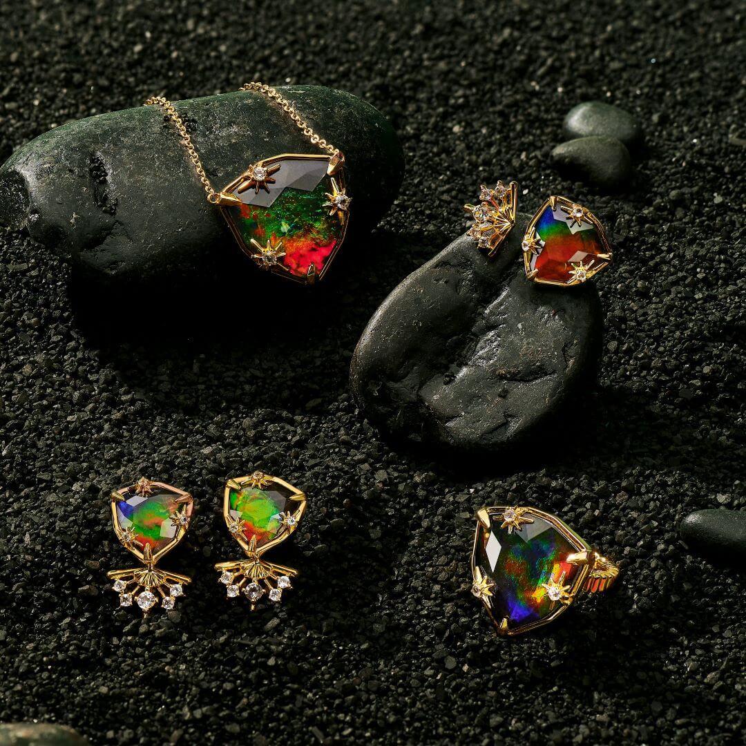 Trillion Cut Starlight Trillion Ammolite Stud with Earring Jacket in 18k Gold Vermeil AA For Sale