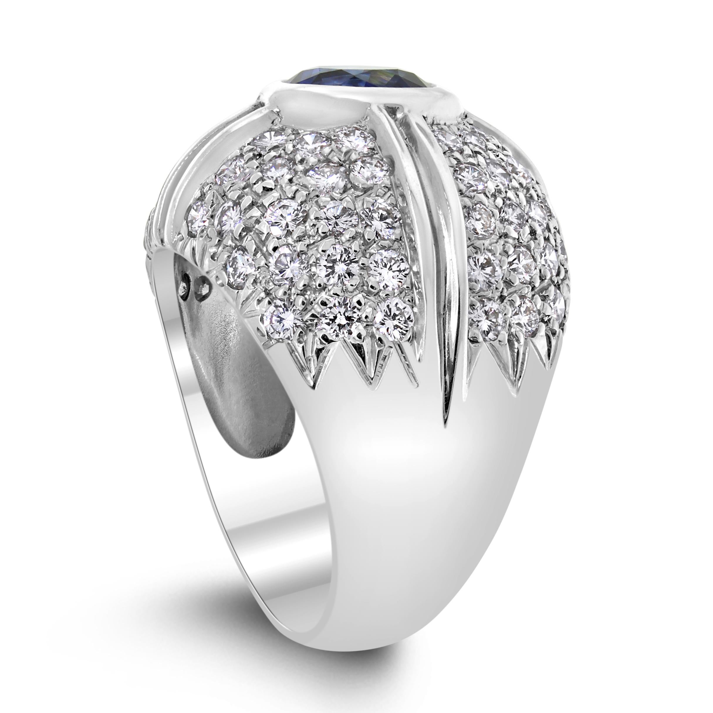 The night Sapphire at the center of this sectioned ring gives it a soft yet architectural feel.

Gemstones Type: Sapphire 
Gemstones Shape: Oval 
Gemstones Weight: 1.80 ct 
Gemstones Color: Blue 
Gemstones Clarity: AAA 

Diamonds Shape: Round 
Side