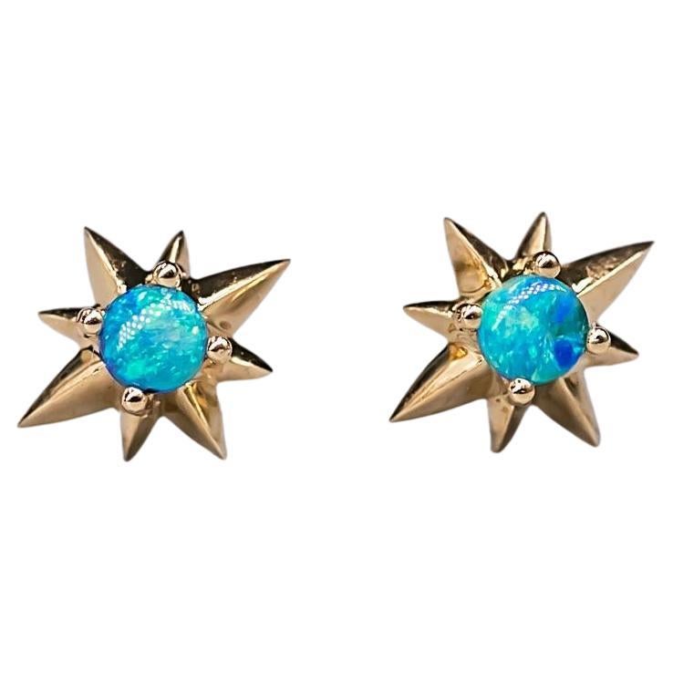 Starry Design Australian Solid Opal Stud Earrings 18K Yellow Gold For Sale