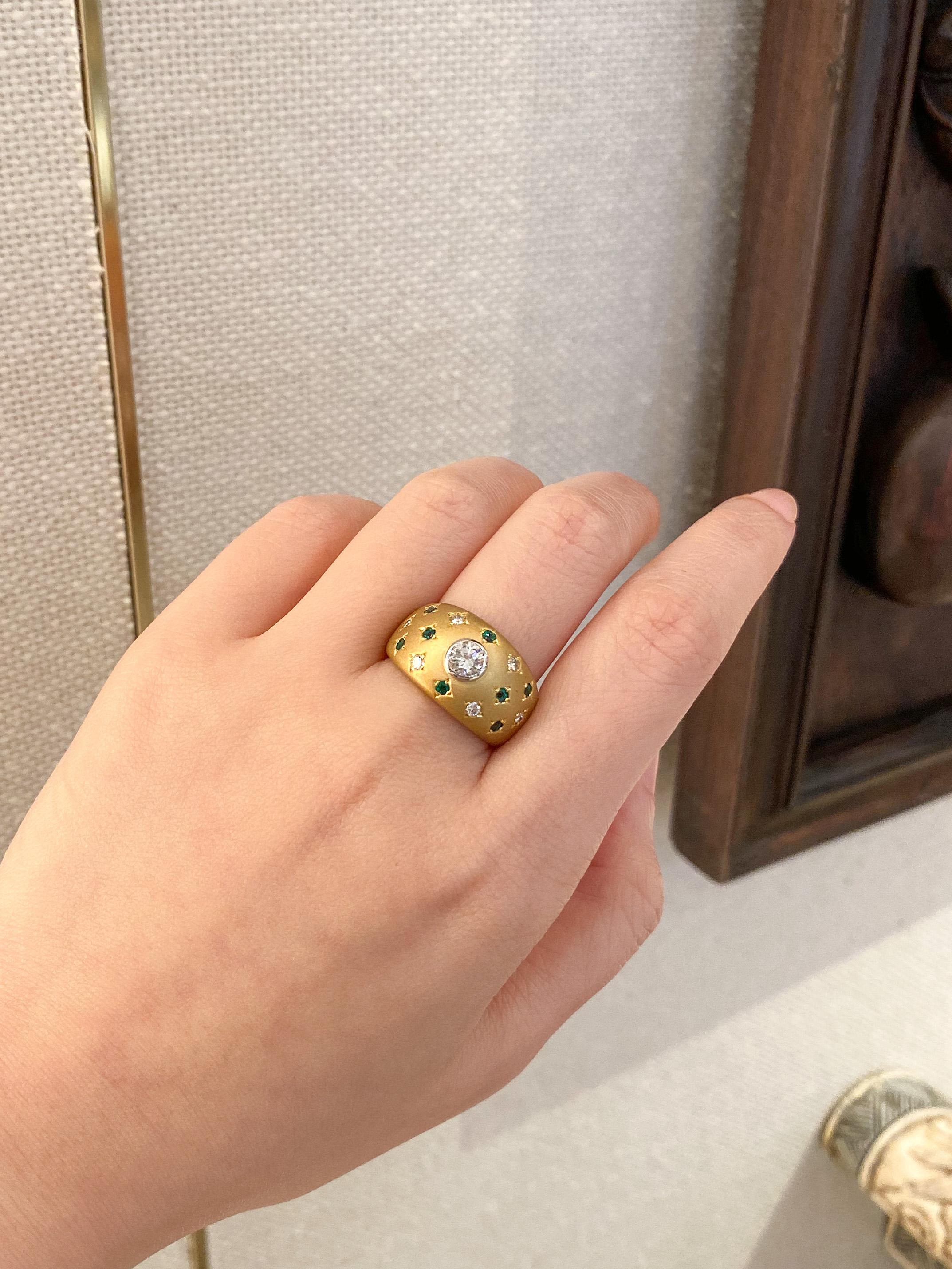 The design behind this artisanal dome band ring was inspired by the beautiful starry nights that Dilys’ creative director and designer, Ms. Dilys Young, experienced on her travels to Nepal many years ago. This 18 karat gold ring with matte finishing