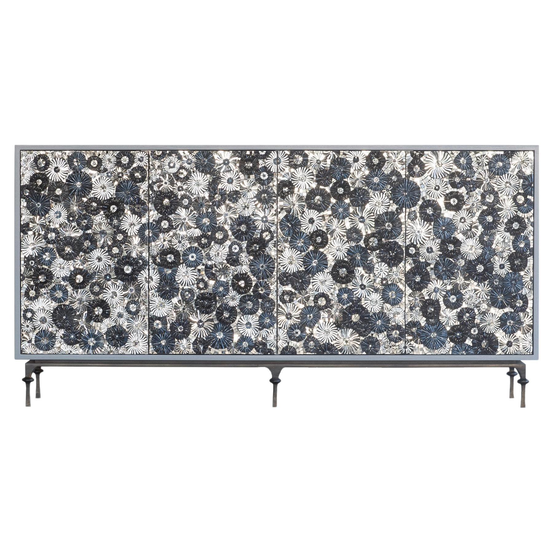 Modern Starry Night 4-Door Buffet with Silver and Pewter Glass by Ercole Home For Sale