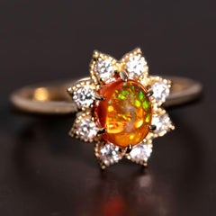 Starry Night Mexikanischer Feueropal-Diamant-Verlobungsring 18K Gelbgold