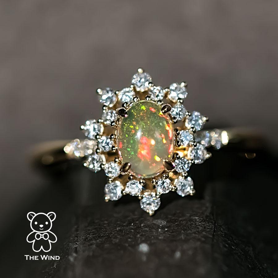 Artist Starry Night Mexican Fire Opal Diamond Engagement Ring 18K Yellow Gold For Sale
