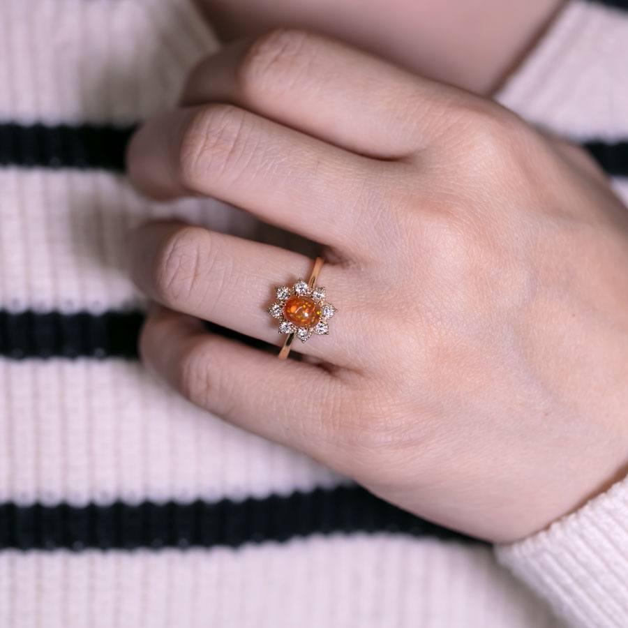 Arts and Crafts Starry Night Mexican Fire Opal Diamond Engagement Ring 18K Yellow Gold For Sale