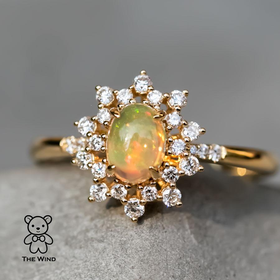 Brilliant Cut Starry Night Mexican Fire Opal Diamond Engagement Ring 18K Yellow Gold For Sale