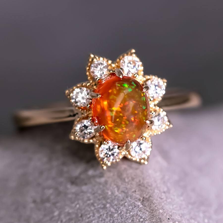 Brilliant Cut Starry Night Mexican Fire Opal Diamond Engagement Ring 18K Yellow Gold For Sale