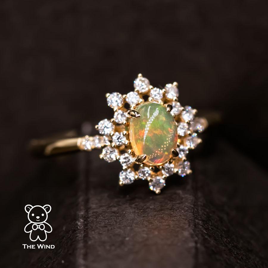 Starry Night Mexican Fire Opal Diamond Engagement Ring 18K Yellow Gold In New Condition For Sale In Suwanee, GA
