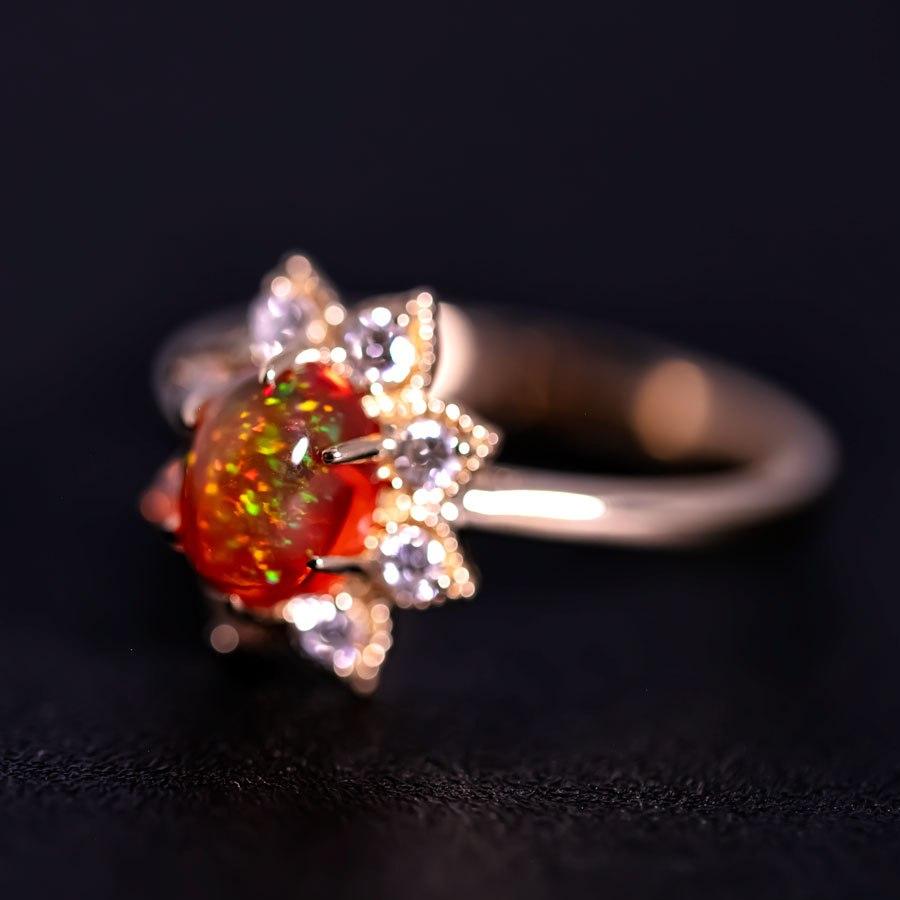 Starry Night Mexican Fire Opal Diamond Engagement Ring 18K Yellow Gold In New Condition For Sale In Suwanee, GA